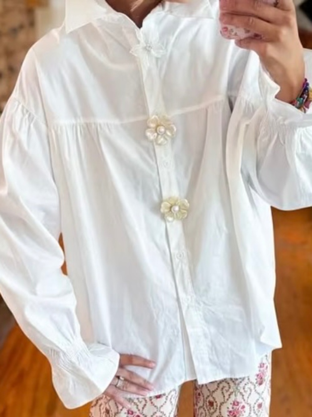 Long Sleeve Cotton Blouse with Flower Buttons Size S